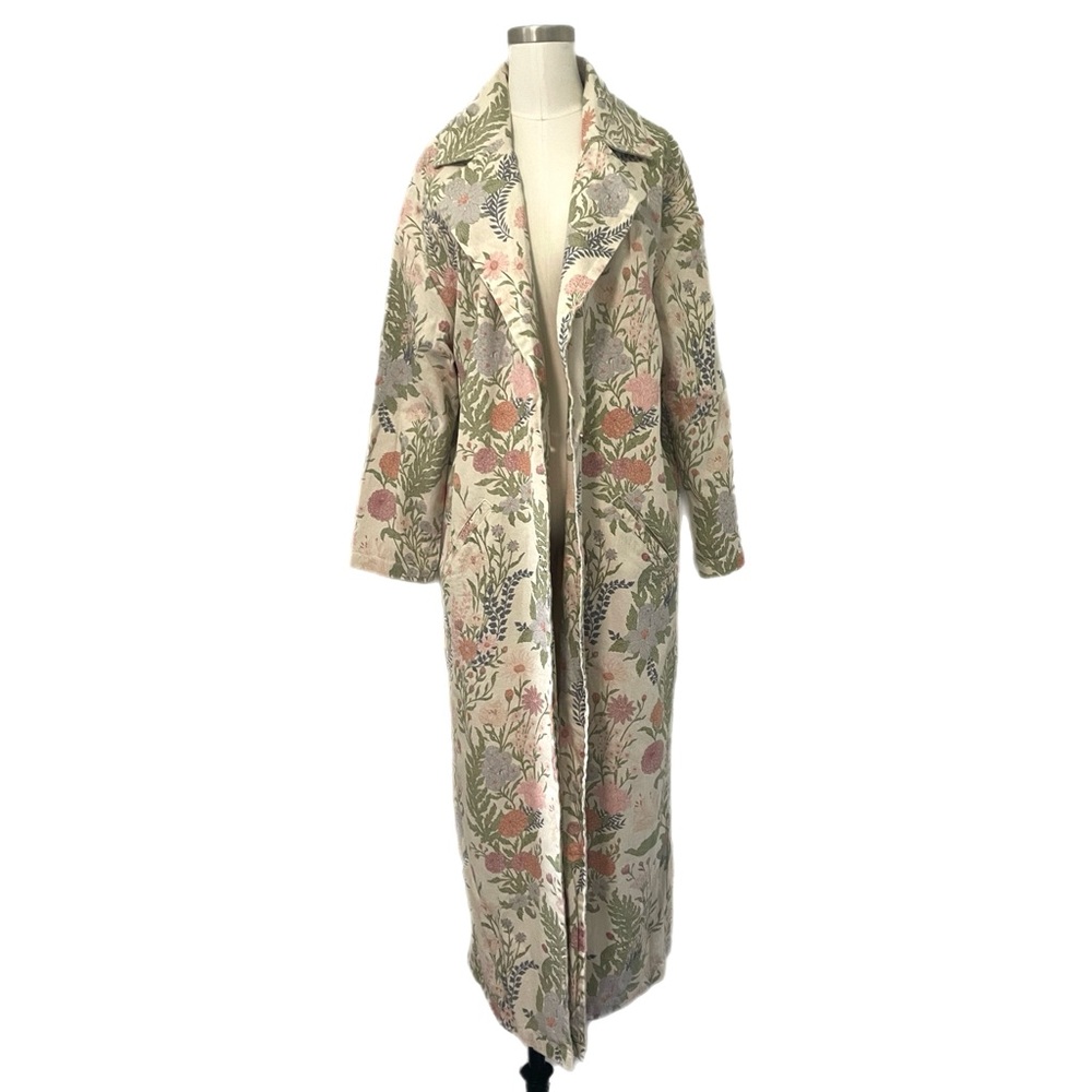 Free People Floral Trench Coat - Cream and Green